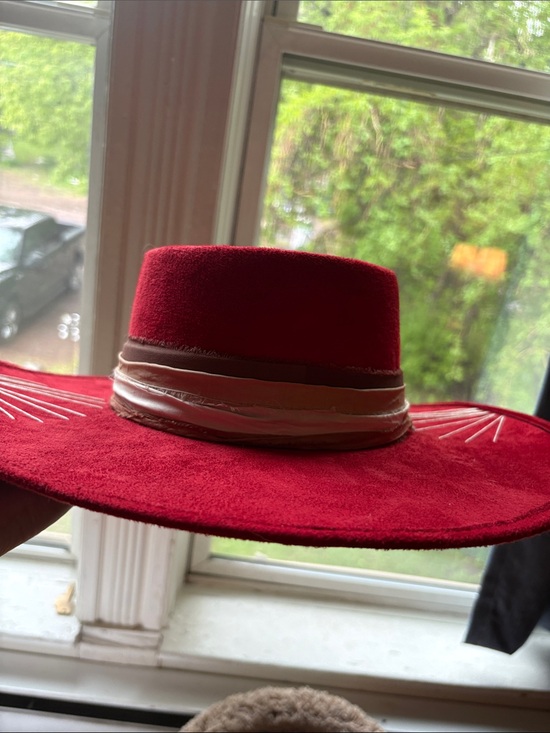 Petra Fashions Red Felt Wide-Brim Hat with Ribbon & Feather Accent main image 5